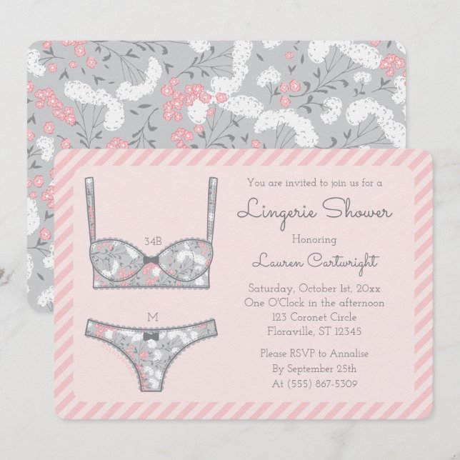 Rosa Lingerie Shower Grått Blommigt-inbjudan för  Inbjudningar (Fram/baksida)