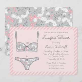 Rosa Lingerie Shower Grått Blommigt-inbjudan för Inbjudningar