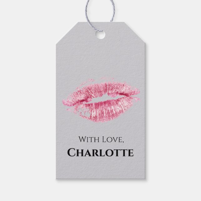 Rosa Lip Kiss och Silver Glitter Gift-Märkre Presentetikett (Framsidan)