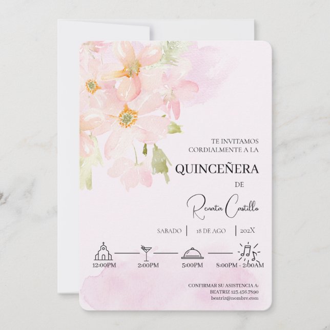 Rosa lispansk quinceañera inbjudningar (Framsida)