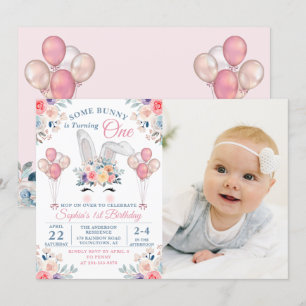 Rosa Lite Bunny Blommigt Balloon 1:a födelsedagsfo Inbjudningar
