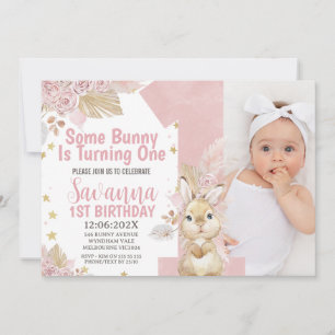 Rosa Lite Bunny Boho Blommigt 1:a födelsedagen Inbjudningar