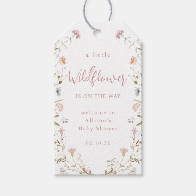 Rosa lite vilda blommor rustic boho baby shower  presentetikett (Framsidan)