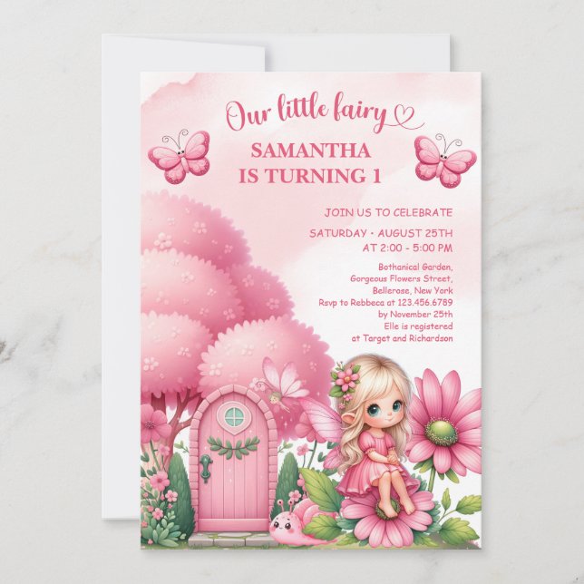 Rosa liten ängsälva som sitter på blommor flicka f inbjudningar (Framsida)