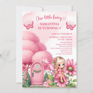 Rosa liten ängsälva som sitter på blommor flicka f inbjudningar