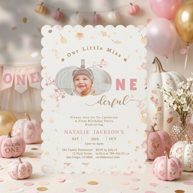 Rosa Liten Pumpa Underbar Foto 1-års Födelsedag Inbjudningar (Pink Little Pumpkin Onederful Photo 1st Birthday Invitation)