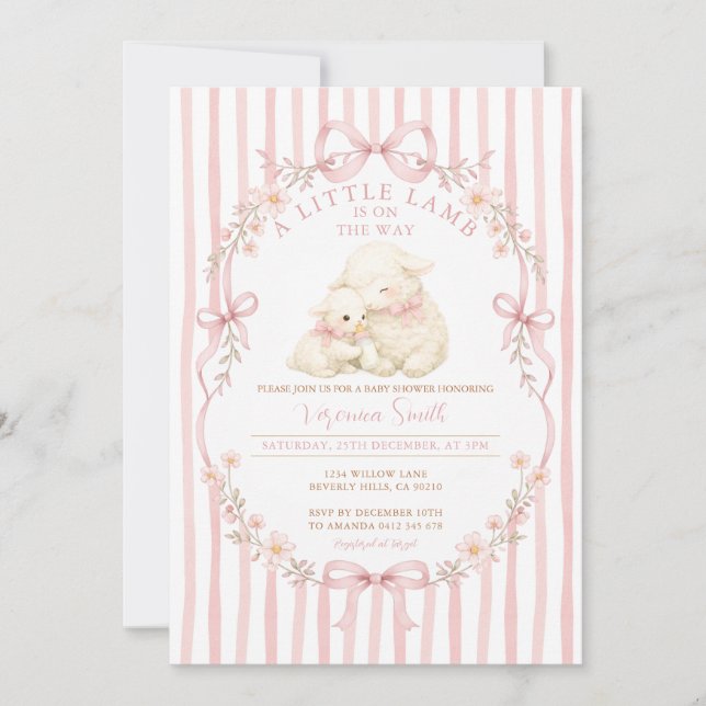 Rosa litet lamm-baby shower randig inbjudan (Framsida)