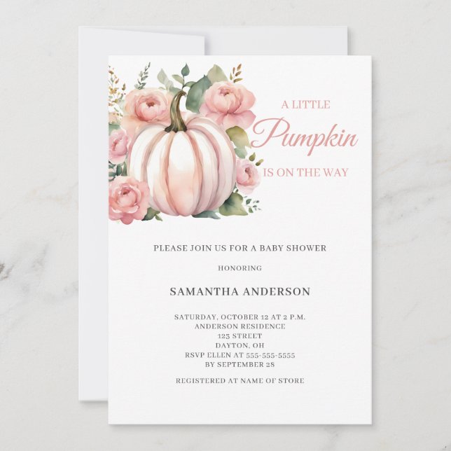 Rosa litet pumpa blommande baby shower  inbjudningar (Framsida)