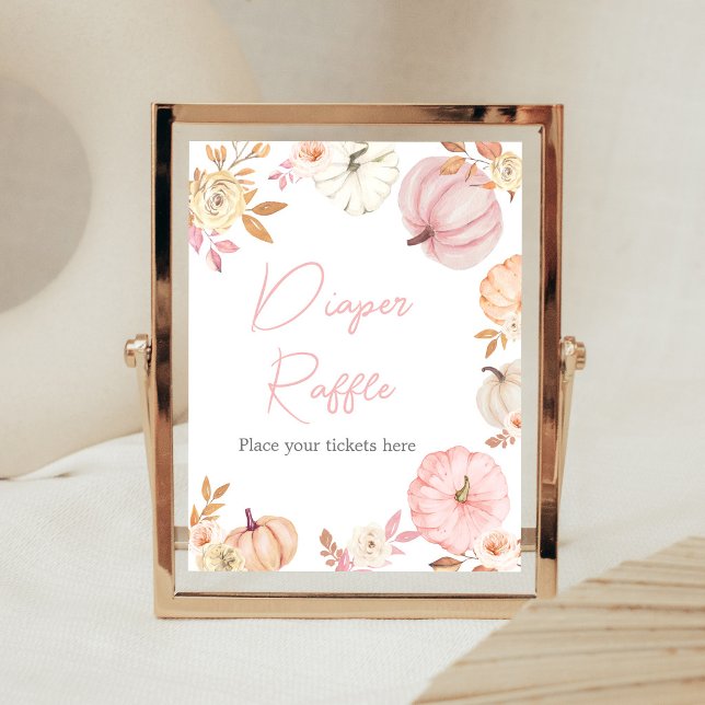 Rosa litet pumpa höst blöja lotteri skylt (Girl Little Pumpkin Fall Baby Shower Diaper Raffle Sign)