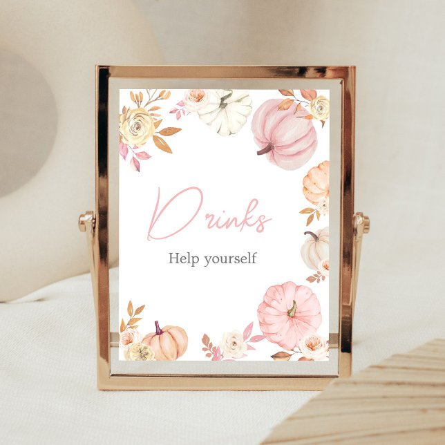 Rosa litet pumpafall-drickmärke poster (Girl Little Pumpkin Fall Baby Shower Drinks Sign)