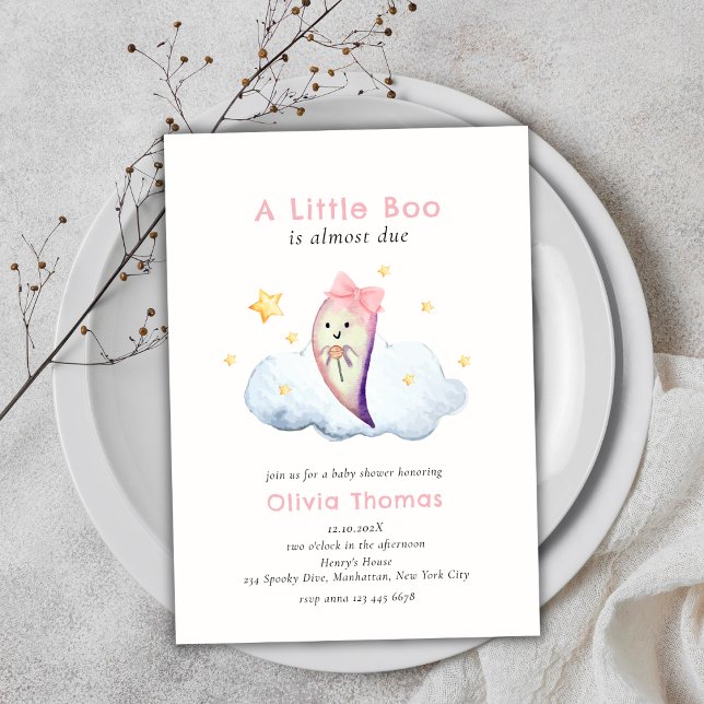 Rosa Little Boo Bow Ghost Halloween Baby Shower Inbjudningar (Pink Little Boo Bow Ghost Halloween Baby Shower Invitation)