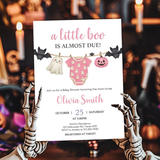 Rosa Little Boo Clothesline Baby Shower Inbjudningar (Pink Little Boo Halloween Clothesline Baby Shower Invitation)