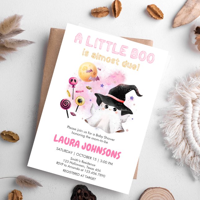 Rosa Little Boo Ghost Witch Baby Shower Inbjudningar (Little Boo Halloween Baby Shower Invitation)