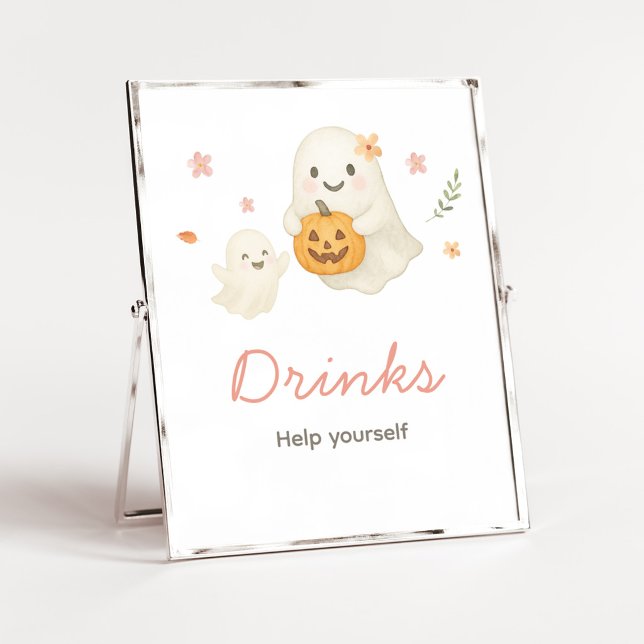Rosa Little Boo Halloween Dryckesskylt Poster (Pink Halloween Little Boo Baby Shower Drinks Sign)