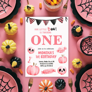 Rosa Little Boo One Girl Halloween 1st Birthday Inbjudningar