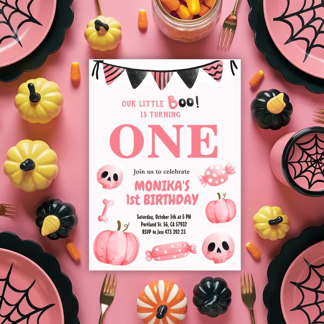 Rosa Little Boo One Girl Halloween 1st Birthday Inbjudningar (Skapare uppladdad)