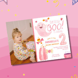 Rosa Little Boo Turing Two Photo 2nd Birthday Inbjudningar