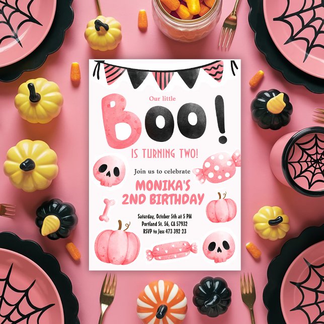 Rosa Little Boo Two Girl Halloween 2:a födelsedage Inbjudningar (Skapare uppladdad)