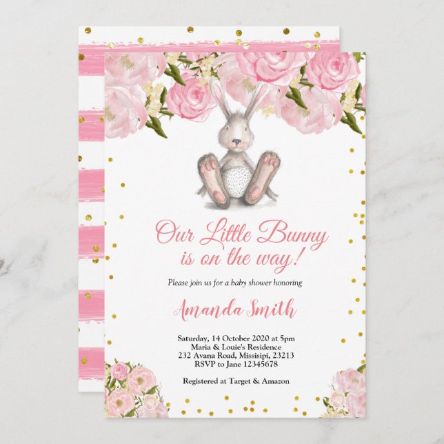 Rosa Little Bunny Guld Baby Shower-inbjudan Inbjudningar (Fram/baksida)