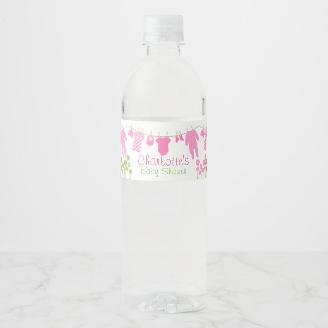 Rosa Little Clothes Baby Shower Vattenflaska Etikett (Framsida)