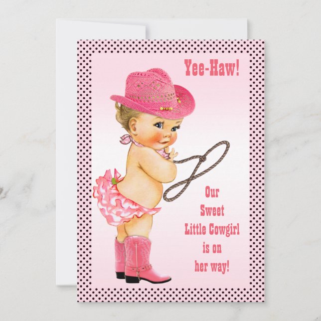 Rosa Little Cowgirl Polka dots Baby Shower Inbjudningar (Framsida)