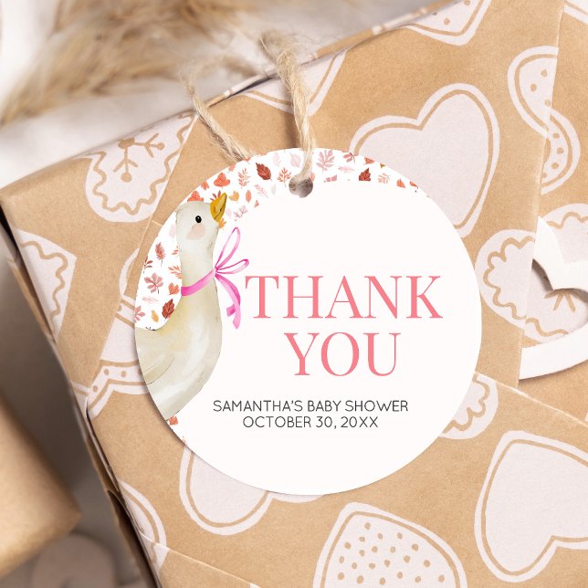 Rosa Little Fånig Goose Baby Shower Round Gåvor Etiketter (Little Silly Goose Baby Shower Round Favor Tags)