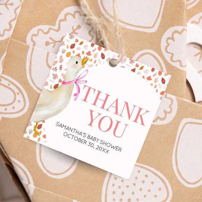 Rosa Little Fånig Goose Baby Shower Square Gåvor Etiketter (Little Silly Goose Baby Shower Square Favor Tags)