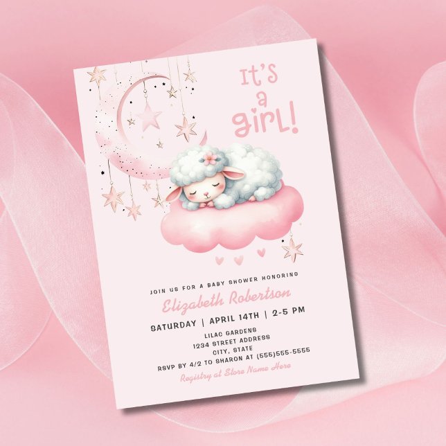Rosa Little Lamb Girl Baby Shower Inbjudningar (Skapare uppladdad)