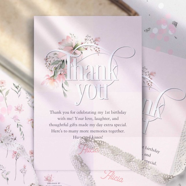 Rosa Little Miss Onederful Cute Girl 1st Birthday Tack Kort (Pink wildflower, little miss onederful 1st birthday thank you cards)