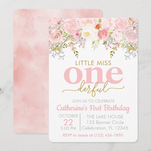 Rosa Little Miss ONEderful Girl First Birthday Inbjudningar (Fram/baksida)