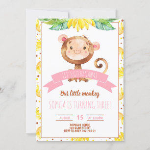 Rosa Little Monkey Flicka Födelsedagsfest Inbjudningar