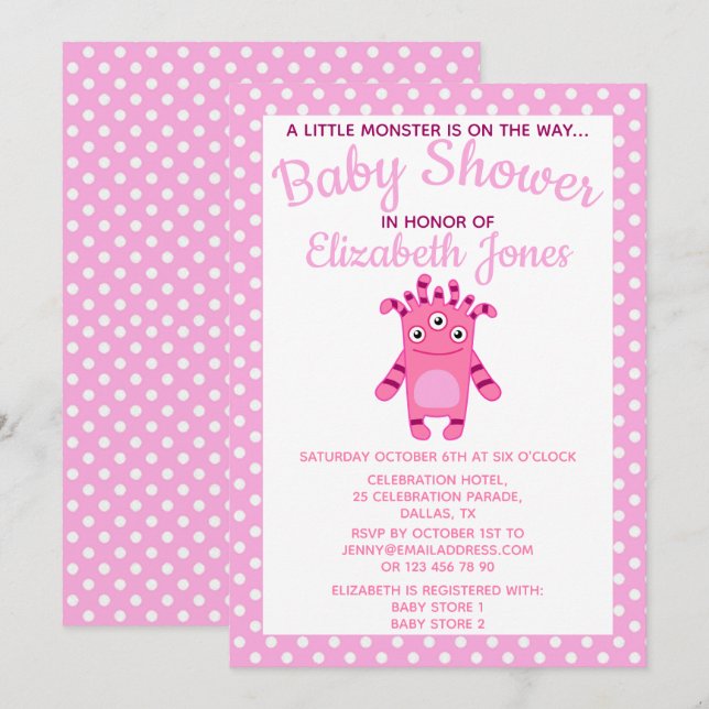 Rosa Little Monster Baby Shower-inbjudan Inbjudningar (Fram/baksida)