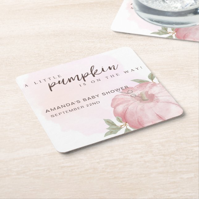 Rosa Little Pumpkin Autumn Fall Baby Shower Underlägg Papper Kvadrat (Vinklad)