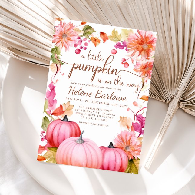 Rosa Little Pumpkin Blommigt Fall Baby Shower Inbjudningar (Pink Little Pumpkin Floral Fall Baby Shower Invitation)