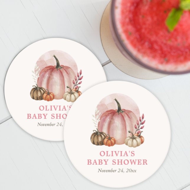 Rosa Little Pumpkin Fall Cute Girl Baby Shower Underlägg Papper Rund (Skapare uppladdad)