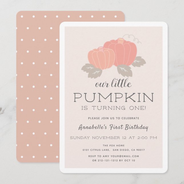  Rosa Little Pumpkin Girl 1st Birthday Inbjudningar (Fram/baksida)