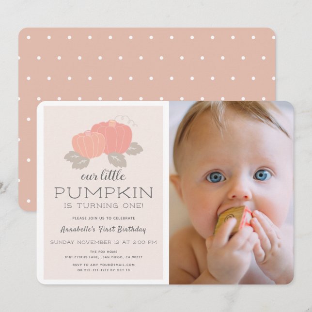  Rosa Little Pumpkin Girl Photo 1st Birthday Inbjudningar (Fram/baksida)