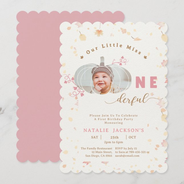 Rosa Little Pumpkin Onederful Photo 1st Birthday Inbjudningar (Fram/baksida)