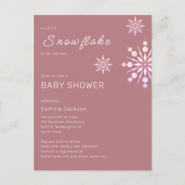 Rosa Little Snowflake Winter Baby Shower for Girls Vykort (Framsida)
