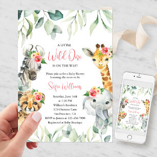 Rosa Little Vild One Safari Baby Shower-inbjudan Inbjudningar