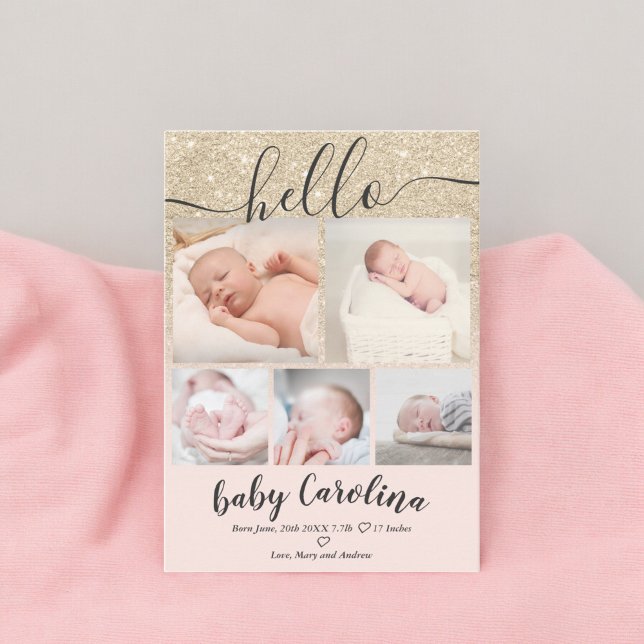  rosa Ljus guld 5 nätfoto flicka födelse Meddelande (blush pink light gold 5 grid photo baby girl birth announcement)