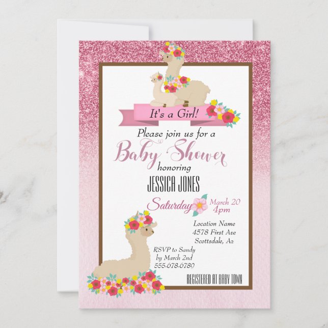 Rosa Llama Mamma Gnistra Flower Baby Shower Inbjud Inbjudningar (Framsida)