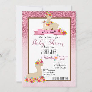 Rosa Llama Mamma Gnistra Flower Baby Shower Inbjud Inbjudningar