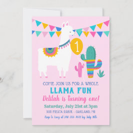 Rosa Llama Roligt First Födelsedagsfest Girl Photo Inbjudningar