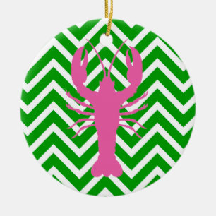 Rosa Lobster och Grönt Chevron Monogram Julgransprydnad Keramik