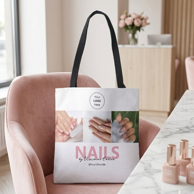 Rosa logotyp för nagelsalong med skript tygkasse (Blush Pink Script Logo Photo Nail Salon Tote Bag)