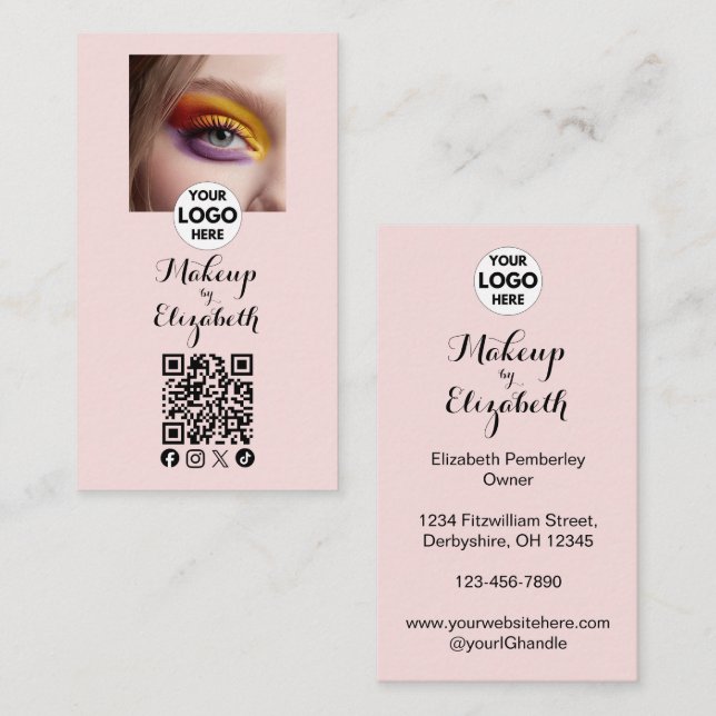 Rosa logotyp med QR-kod för fotografering av smink Visitkort (Fram/baksida)