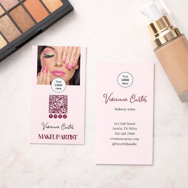 Rosa logotyp med QR-kod för foton makeup Visitkort (Makeup Artist Blush Pink Business Card with Photo)