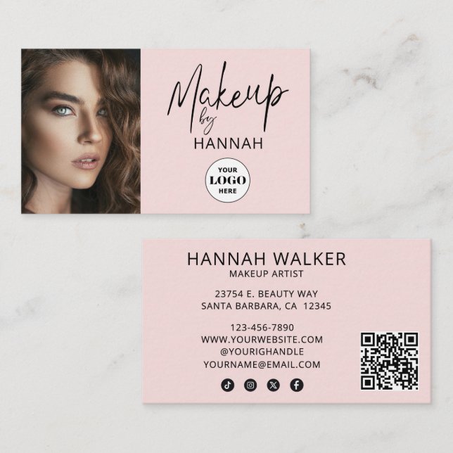 Rosa logotyp med QR-kod Foto Makeup Visitkort (Fram/baksida)
