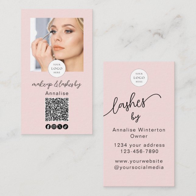 Rosa logotyp med QR-kod Foto Ögonfransar Smink Visitkort (Fram/baksida)